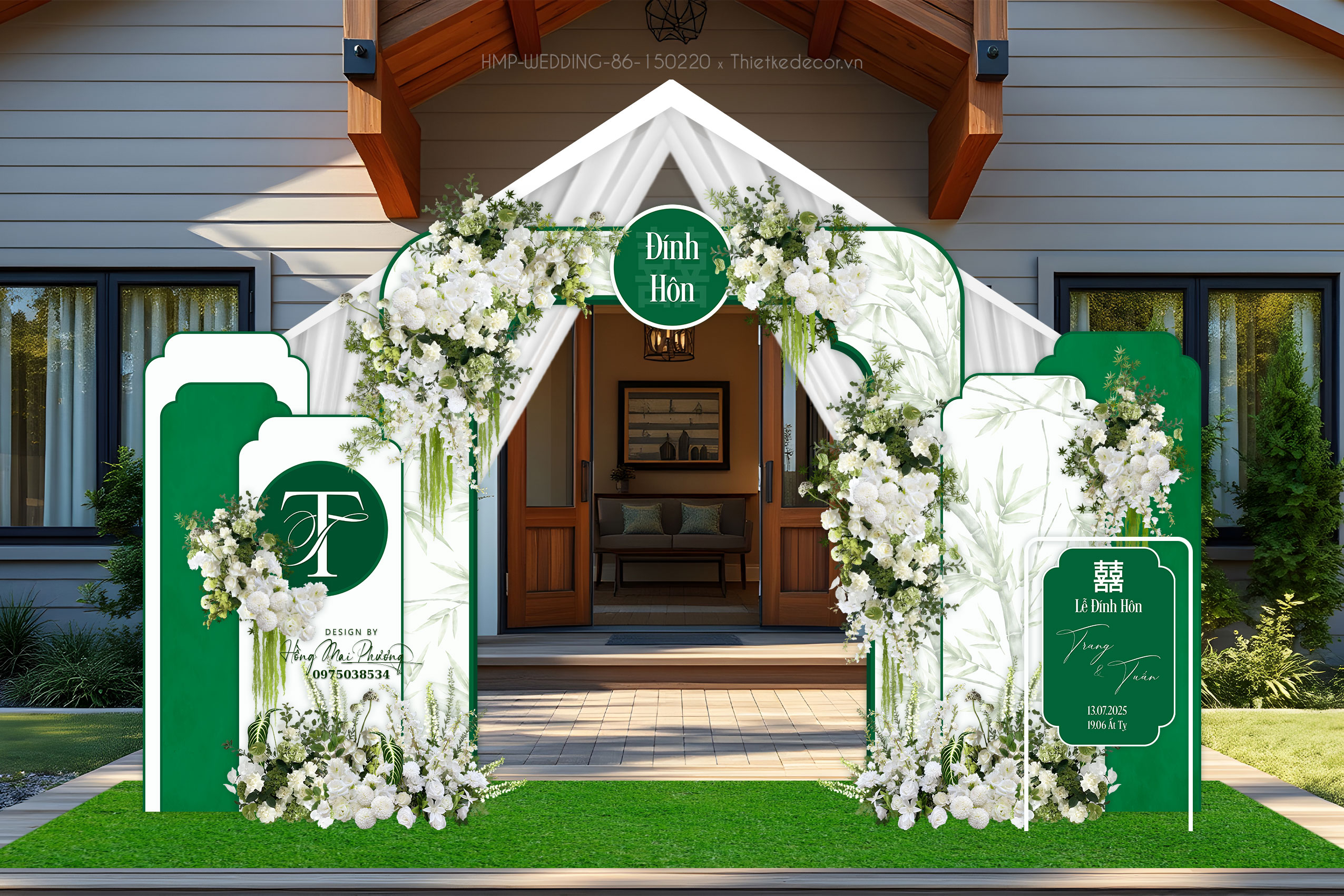 Cổng cưới tone xanh lá, nền tre xanh thuần Việt